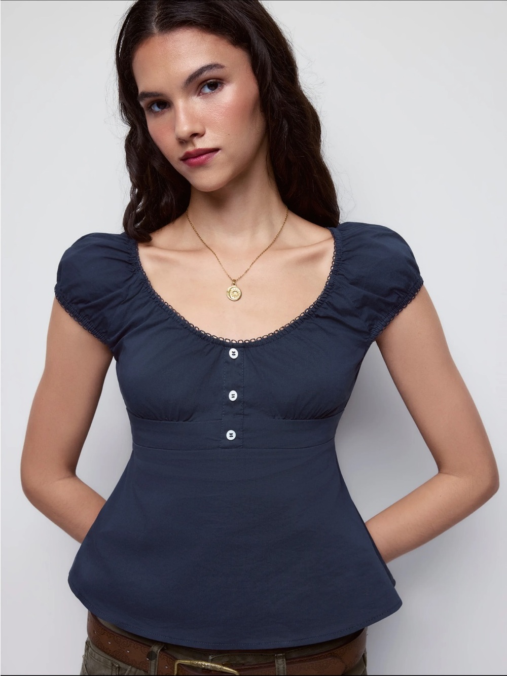 Cider Navy Scoop Neck Peplum Top
